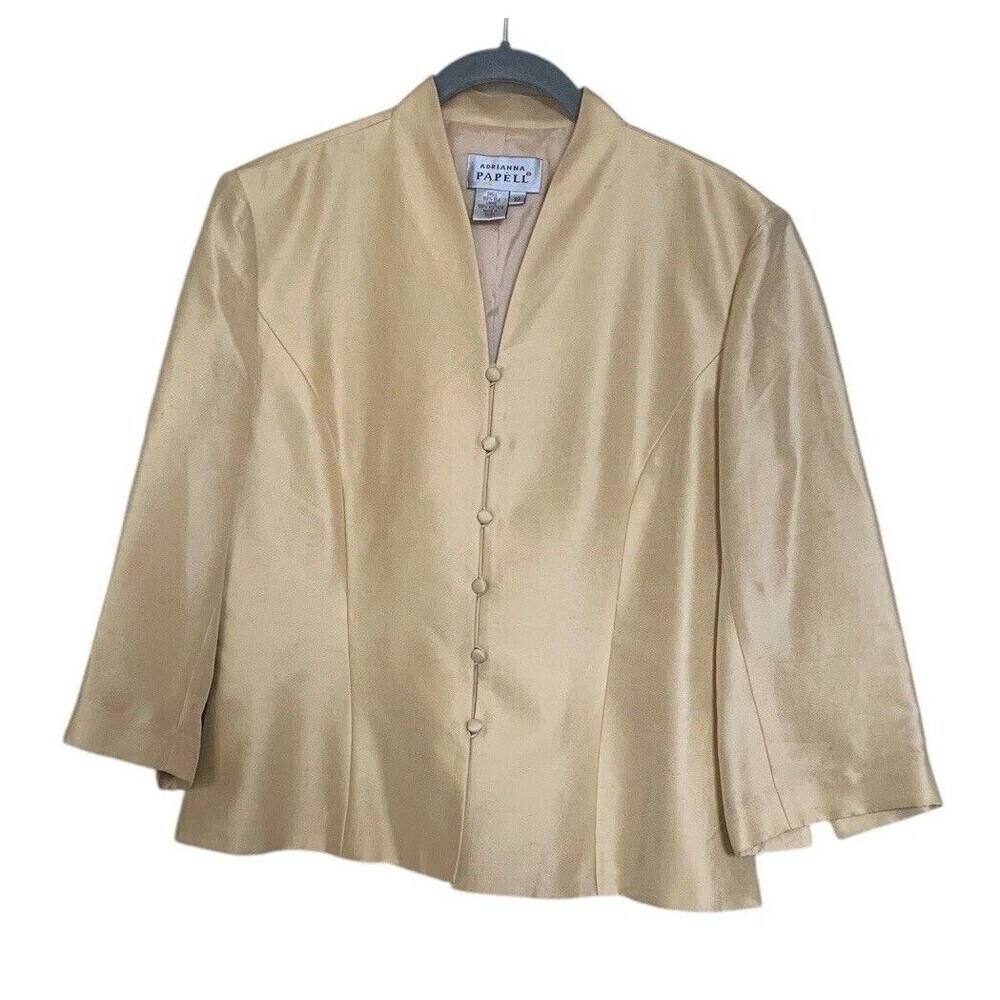 Adrianna Papell Blazer Jacket Womens Size 10 Yellow 100% Silk Button 3/4 Sleeve - Picture 11 of 11